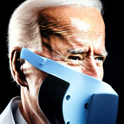 Image similar to uhd candid photo of joe biden wearing a real muzzle, with accurate face, uhd, studio lighting, correct face, photo by annie leibovitz