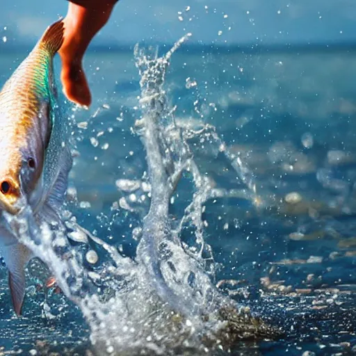 Image similar to closeup of a fish jumping out of the water as a fisherman reels him in