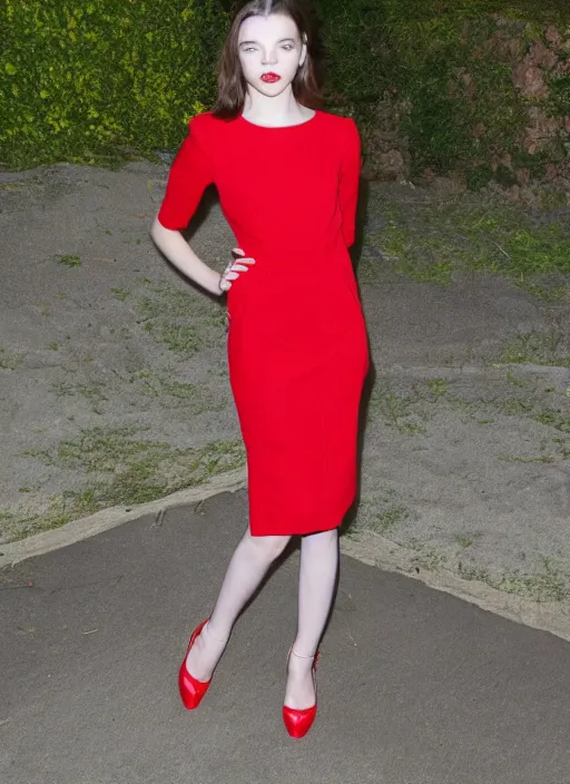 Image similar to anya taylor joy fashion walk with red dress