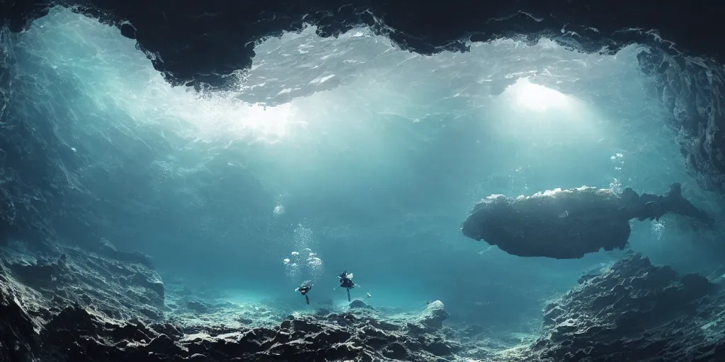 Prompt: Divers discover a vast sea cavern, modern, wide shot, trending on artstation