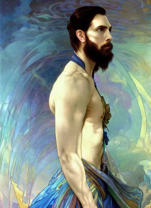 Image similar to a tall, muscular man with dark hair and pale skin. he is wearing a white royal robe. i'm the background, rainbow colors swirl around him. chromatic light. portrait painting by artgerm and greg rutkowski and alphonse mucha.