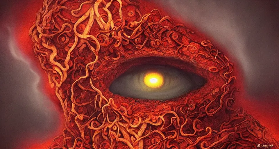 Prompt: a volcano made of ivory vines and crimson rocks enters in eruption, it spits a smoke in the shape of demonic eye, by Naoto Hattori