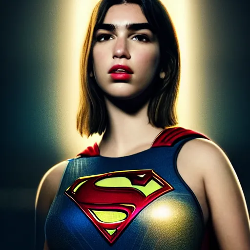 Image similar to a potrait of dua lipa potrayed as Supergirl by Zack Snyder, Christopher Nolan, 8k photorealistic, cinematic lighting, HD, high details, dramatic, trending on artstation, above view, dark atmosphere,