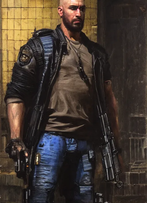 Prompt: big mike. cyberpunk meathead wearing a military vest and combat gear. (Cyberpunk 2077, bladerunner 2049). Iranian orientalist portrait by john william waterhouse and Edwin Longsden Long and Theodore Ralli and Nasreddine Dinet, oil on canvas. Cinematic, hyper realism, realistic proportions, dramatic lighting, high detail 4k