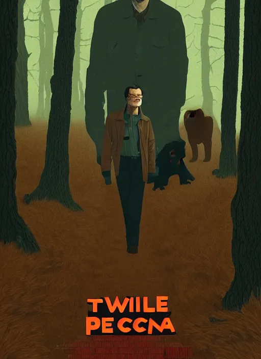 Prompt: Twin Peaks poster art, of Michael Shannon the mechanic discovering a man dressed as a Furry in the woods, mysterious creepy, poster artwork by Michael Whelan, Bob Larkin and Tomer Hanuka, from scene from Twin Peaks, simple illustration, domestic, nostalgic, from scene from Twin Peaks, clean, full of details, by Makoto Shinkai and thomas kinkade, Matte painting, trending on artstation and unreal engine, super clean, fine detail, cell shaded,