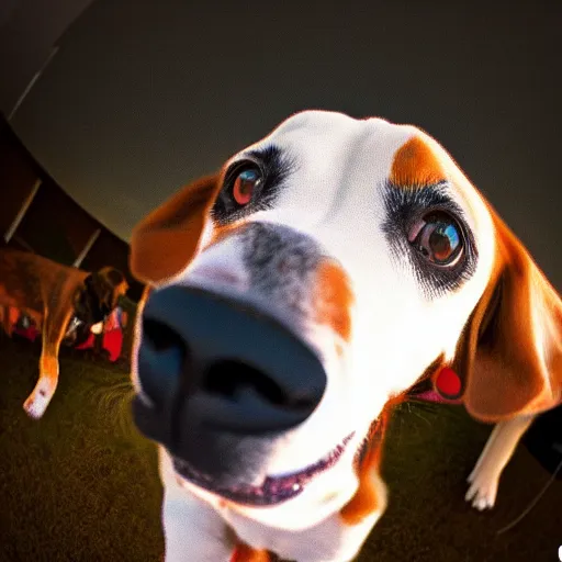 Image similar to Selfie of a dog, first-person view, fisheye!!!!!! lens, photorealistic imagery, trending on artstation, 4k, 8k