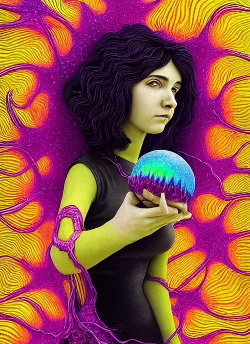 Prompt: hyper detailed 3d render like a Oil painting - Ramona Flowers with wavy black hair wearing thick mascara seen out Eating of the Strangling network of colorful yellowcake and aerochrome and milky Fruit and Her staring intensely delicate Hands hold of gossamer polyp blossoms bring iridescent fungal flowers whose spores black the foolish stars by Jacek Yerka, Mariusz Lewandowski, silly face, Houdini algorithmic generative render, Abstract brush strokes, Masterpiece, Edward Hopper and James Gilleard, Zdzislaw Beksinski, Mark Ryden, Wolfgang Lettl, Dan Hiller, hints of Yayoi Kasuma, octane render, 8k