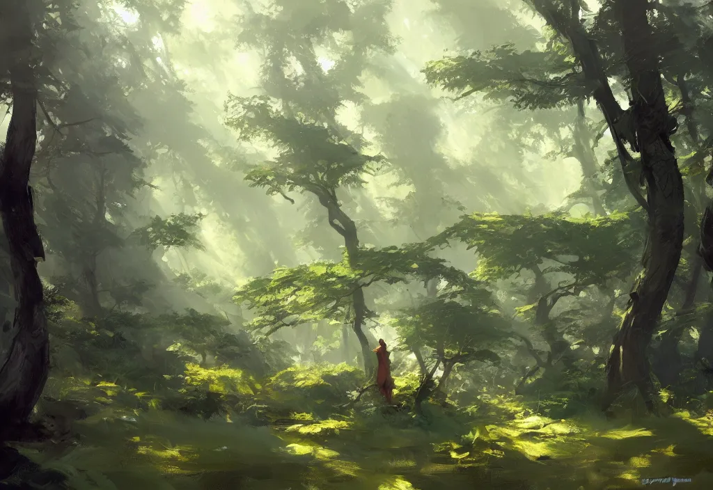 Image similar to greg manchess painting of a forest landscape, painting, trending on artstation, by huang guangjian and craig mullins
