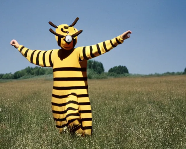 Prompt: William Dafoe dancing in the bee costume on the sunny meadow with clear sky, film still, very long shot, high detail