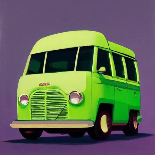 Image similar to retro painting illustration of a volswagen van, 2 d, pastel color, green, yellow, red, retro style art, trendy on artstation, by rhads