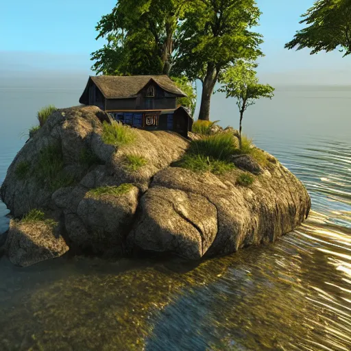 Image similar to house on the island rock, unreal engine, high detail, realism, award winning, detailed lighting