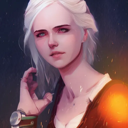 Image similar to portrait of ciri from the Witcher 3, forest landscape, night time, ambient lighting, 4k, anime key visual, lois van baarle, ilya kuvshinov, rossdraws, artstation