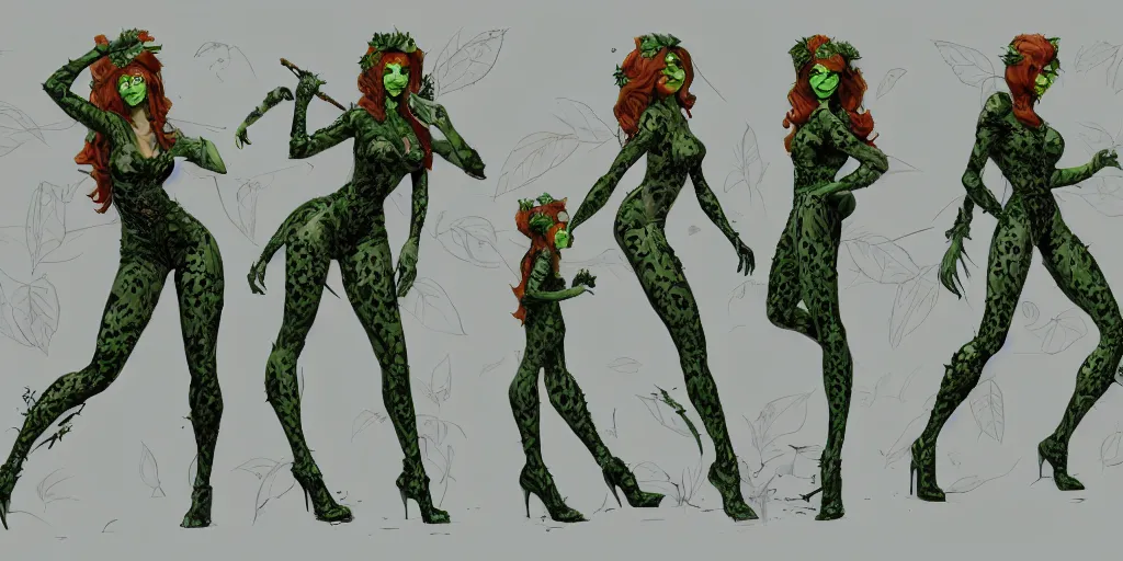 Image similar to poison ivy, character sheet, concept design, contrast, kim jung gi, greg rutkowski, zabrocki, karlkka, jayison devadas, trending on artstation, 8 k, ultra wide angle, pincushion lens effect