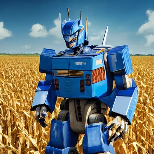 Image similar to a film still of transformers robots wearing a straw hat blue overalls in the corn field, chappie, farming, photorealistic, 8 k