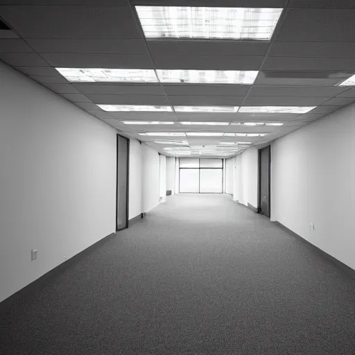 Prompt: an empty office space at night, eerie atmosphere