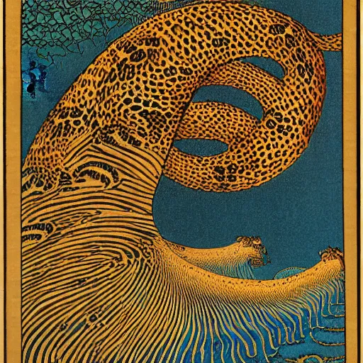 Prompt: intricate boring calssical rapids web leopard xylophone neutrino banylus , by Johfra Bosschart and Katsushika Hokusai and Didier Barra , dutch golden age , tarot card , abstract