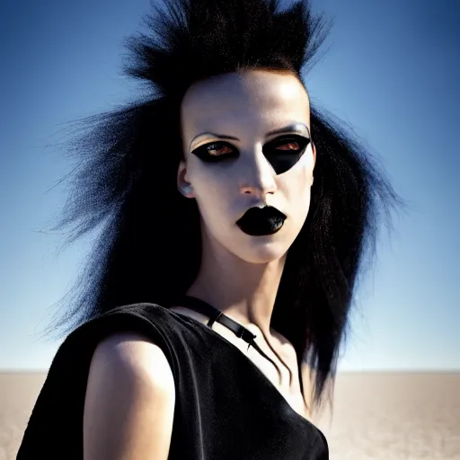 Prompt: photographic portrait of a stunningly beautiful goth cyberpunk renaissance female in strong sunshine on a salt flat, contemporary fashion shoot, by edward robert hughes, annie leibovitz and steve mccurry, david lazar, jimmy nelsson, breathtaking, 8 k resolution, extremely detailed, beautiful, establishing shot, artistic, hyperrealistic, beautiful face, octane render