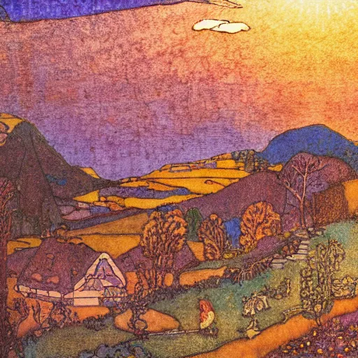 Image similar to a tilt-shift photograph of an Edmund Dulac and Ivan Bilibin inspired village scene and of a sunset and mountains. natural sunlight, golden hour. detailed, full color scheme