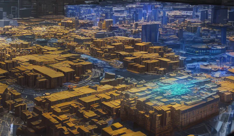 Image similar to large group people in open warehouse, looking at hologram of futuristic city on a table, cinematic concept art, godrays, golden hour, natural sunlight, 4 k, clear details, tabletop model buildings, center model buildings, hologram center, crane shot, crane shot, crane shot