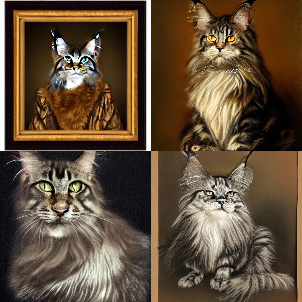 Prompt: Portrait of a steampunk Maine Coon in the style of Rembrandt