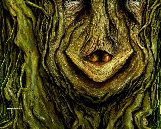 Prompt: a talking oak tree, a face in the bark, nose made of wood, eyes in the bark, mouth in the bark, fantasy concept art, leaves and moss, digital painting, oil painting, hyperrealistic, treebeard, ent, highly detailed, golden sunlight, very detailed eyes, artstation, cgsociety, in the forest, by alan lee, by artgerm