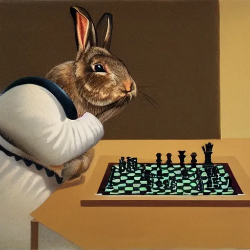 Prompt: the viewer playing chess against a rabbit