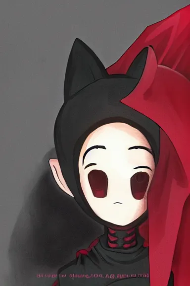 Prompt: little boy with cat ears in an black outfit with red cape. digital artwork made by lois van baarle and kentaro miura, sharpness focus, inspired by hirohiko araki and noir film, anatomically correct, heroic composition, hero pose, smooth