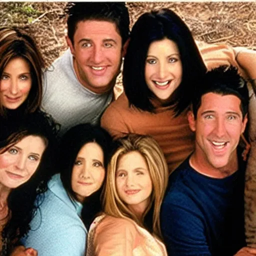 Prompt: photo of the cast of friends after they were attacked by tigers