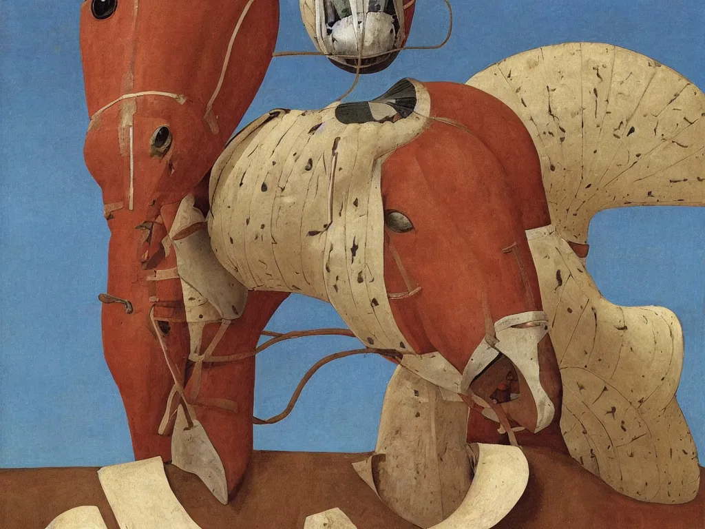 Prompt: Horse with African Guro mask. Giant conch shell. Painting by Alex Colville, Piero della Francesca