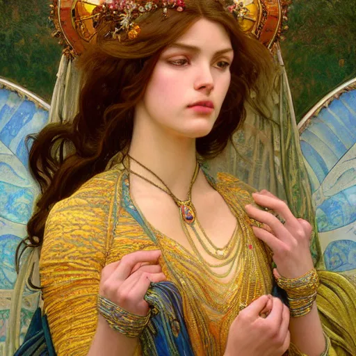 Image similar to an portrait of a beautiful alluring female goddess, detailed, centered, digital painting, artstation, concept art, donato giancola, Dante Gabriel Rossetti, alphonse mucha, Joseph Christian Leyendecker, WLOP, Boris Vallejo, Breathtaking, 8k resolution, extremely detailed, beautiful, establishing shot, artistic, hyperrealistic, beautiful face, octane render