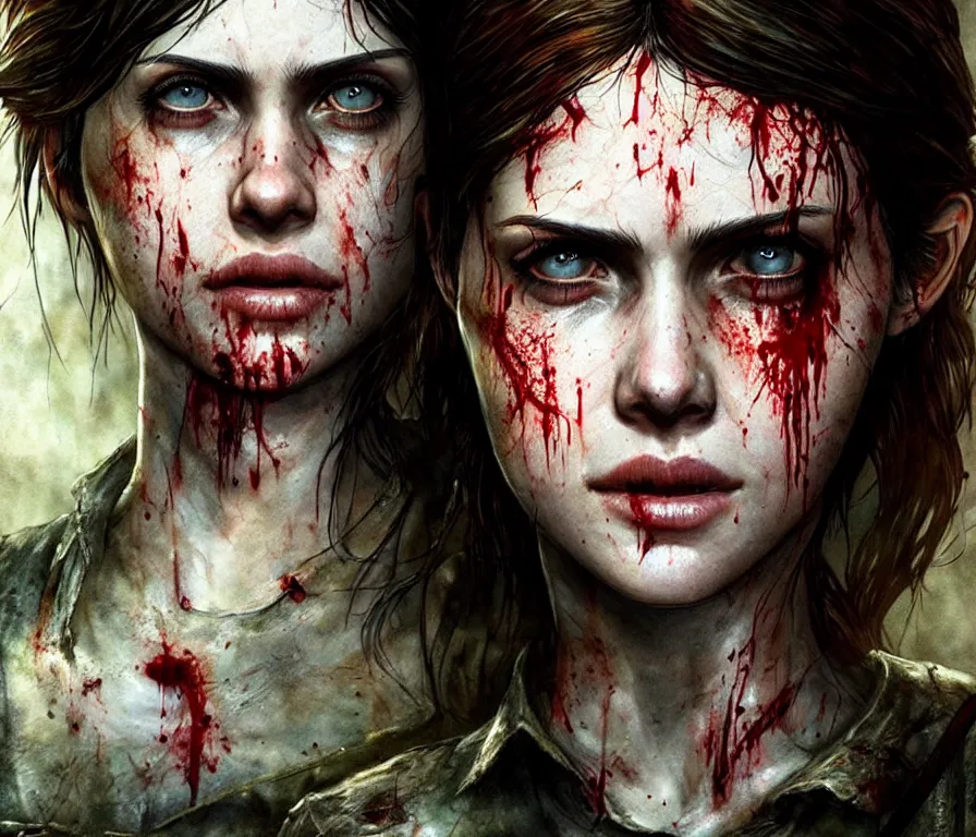 Image similar to ellie from last of us 2, covered in blood, in dark forest, alexandra daddario face!, realistic, sharp focus, hdr, 8 k, high definition, insanely detailed, intricate, elegant, art by stanley lau and artgerm, luis royo, greg kutkowski