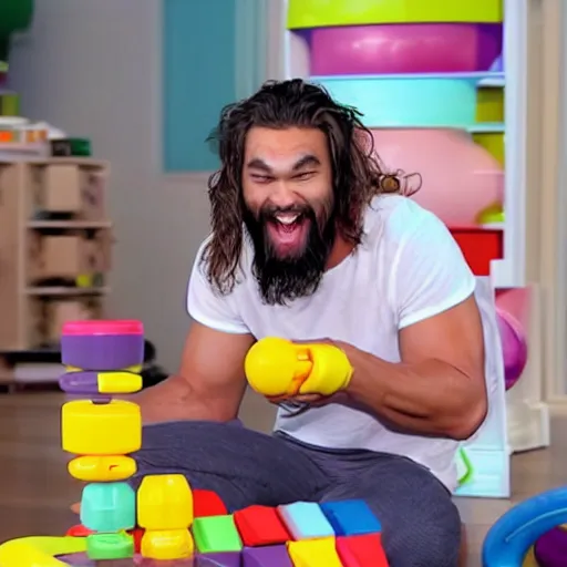 Image similar to A still of a happy, excited Jason Momoa playing with a Fisher-Price stacking toy in a toy commercial, 4k resolution, hyperdetailed, studio lighting