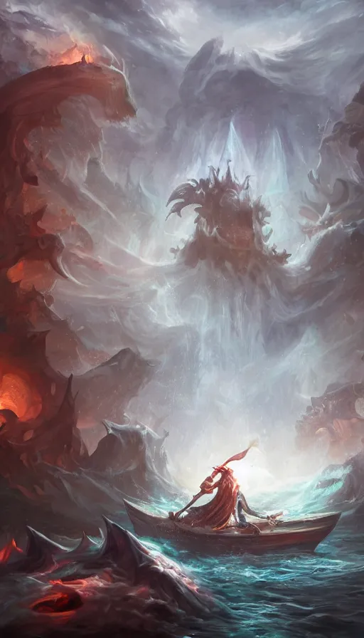 Image similar to man on boat crossing a body of water in hell with creatures in the water, sea of souls, by league of legends concept artists