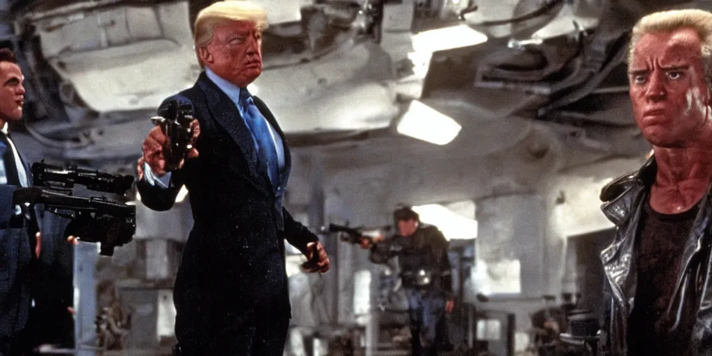 Image similar to joe biden in the terminator shooting terminator donald trump, cinematic, two characters, highly detailed, photorealistic, cinematic lighting, James Cameron