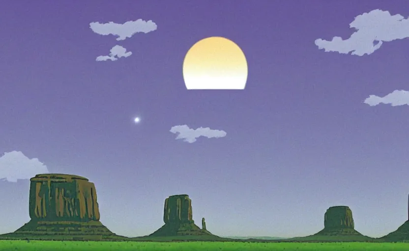 Prompt: a cell - shaded studio ghibli concept art from paprika ( 2 0 0 6 ) of a ufo with lights independence day ( 1 9 9 6 ) sitting on top of a lush temple that looks like monument valley stonehenge jungle on a misty starry night. a giant camel is in the foreground. very dull colors, hd, 4 k, hq