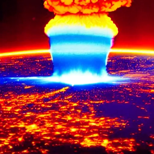 Image similar to nuclear explosion from space, neon lights, fire