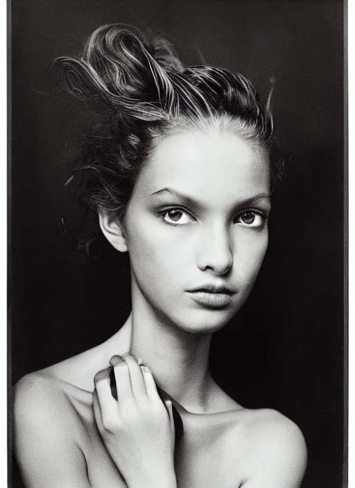 Image similar to half - length portrait of cute model black dressed, fine art portrait photography by richard avedon