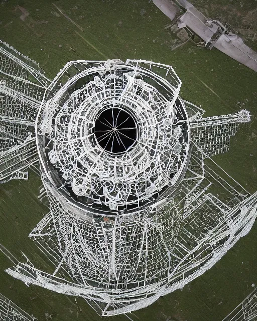 Image similar to orbital space station, made of intricate decorative lace leaf skeleton, shot from a drone, in the style of the dutch masters and gregory crewdson, dark and moody