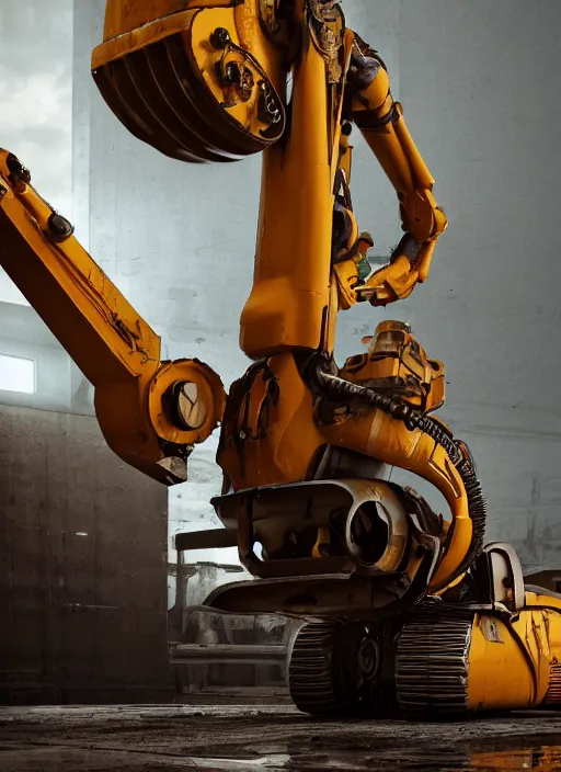 Prompt: a photorealistic dramatic hyperrealistic render of a futuristic exosuit power excavator heavy machinery, ultra realistic details, glossy yellow, well worn, rust, oil stains by vitaly bulgarov and mike nash, beautiful dramatic dark moody tones and lighting, cinematic atmosphere, studio lighting, global illumination, shadows, dark background, octane render, 8 k