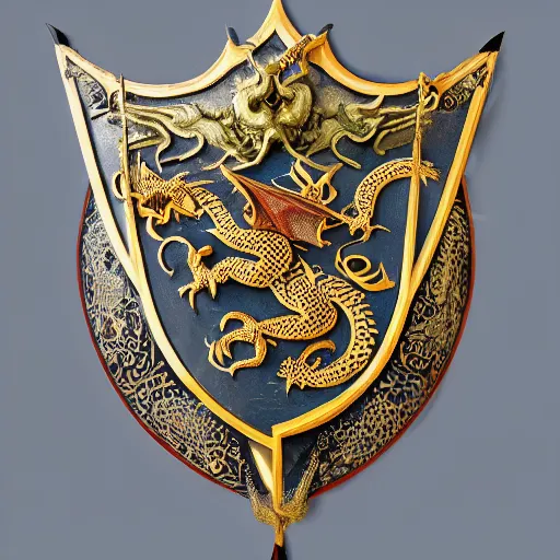 Prompt: shield with intricate ornament of dragons and acanthus, with metal spikes
