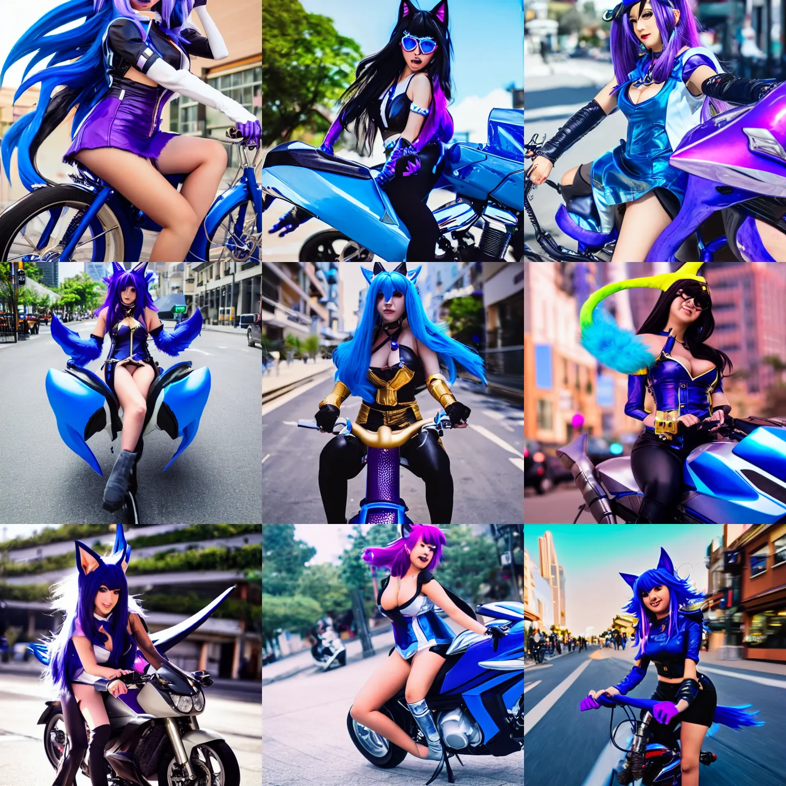 Prompt: Mid shot photo of K/DA Ahri cosplay riding a blue sports bike on a busy city, photorealistic