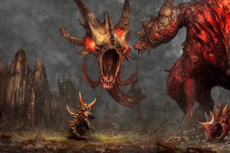 Image similar to concept art of bowser with huge horns and scales and talons in a ruined kingdom, resident evil, horror, occult, terror, mist, volumetric render, digital painting, detailed painting