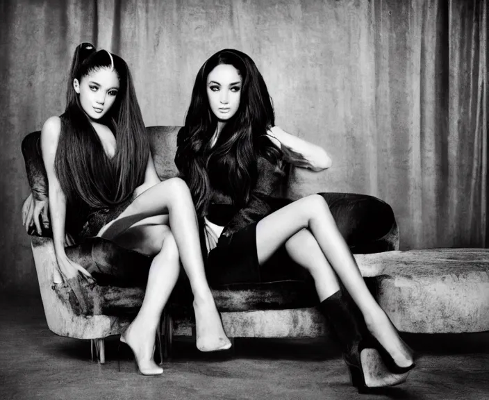 Image similar to award winning photo of Ariana Grande, Megan Fox sitting on a chesterfield lounge, symmetrical face, wide shot by Sally Mann & Arnold Newman,