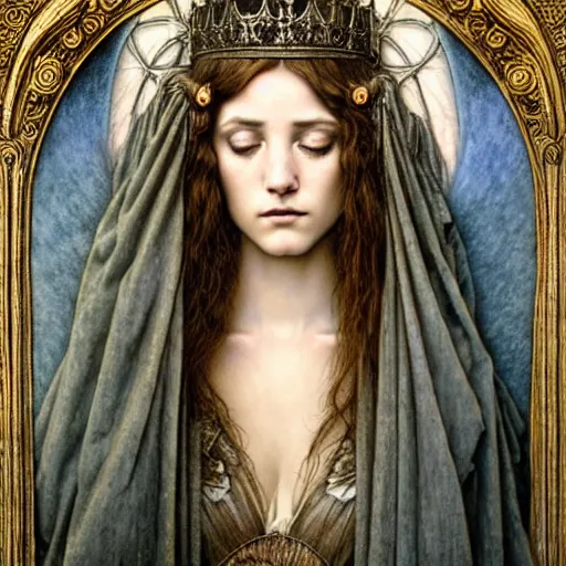 Image similar to detailed realistic beautiful young medieval queen face portrait by jean delville, tom bagshaw, brooke shaden, gustave dore and marco mazzoni, art nouveau, symbolist, visionary, gothic, pre - raphaelite, ornate gilded medieval icon, surreality, ethereal, unearthly, haunting, celestial, neo - gothic, ghostly, memento mori, enigmatic, spectral