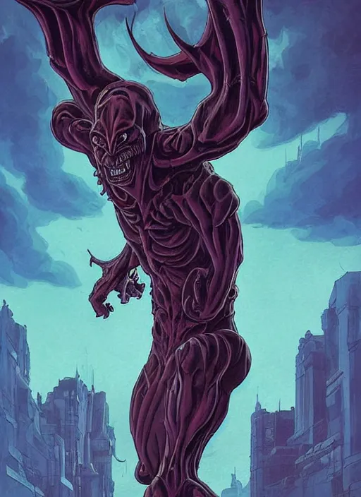 Prompt: a masterpiece! full body photographic portrait of an alien beast!! with seven heads!! and ten horns!! walking on water on a city street heroic, glorious, in the style of artgerm, gerald brom, atey ghailan and mike mignola, vibrant colors and hard shadows and strong rim light, plain background, comic cover art, trending on artstation