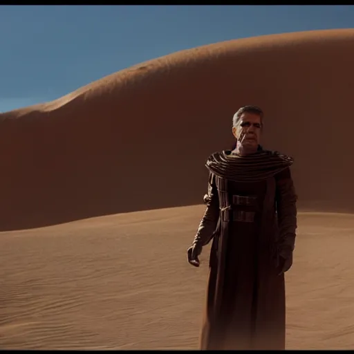 Prompt: george clooney in dune, directed by denis villeneuve, cinestar colour, anamorphic