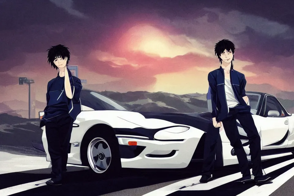 Image similar to aesthetic portrait illustration of ryosuke takahashi with black hair, dark blue shirt and white pants, standing by his white glossy mazda rx 7 on an empty highway at sunrise, cinematic lighting, initial d anime 1 0 8 0 p, 9 0 s anime aesthetic, volumetric lights, rule of thirds, unreal engine 5 render, pinterest wallpaper, trending on artstation