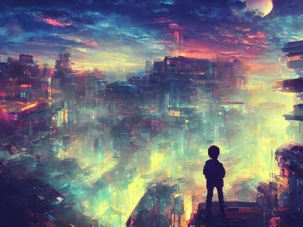 Image similar to a painting of a boy on top of a building watching a colorful sunrise futuristic city surrounded by clouds, cyberpunk art by yoshitaka amano and alena aenami, cg society contest winner, retrofuturism, matte painting, apocalypse landscape, cityscape