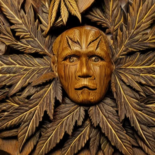Prompt: deeply carved and stained, highly detailed wood carving depicting the face of the marijuana green man, as if made of obvious cannabis fan leaves, resting in a bed of real cannabis leaves
