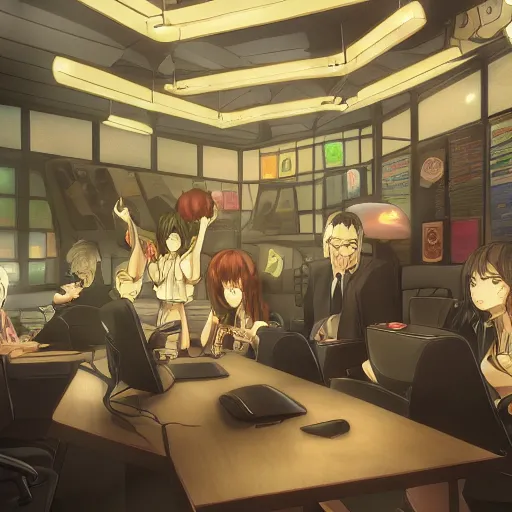 Image similar to interior of banana mafia office, anime fantasy illustration by tomoyuki yamasaki, kyoto studio, madhouse, ufotable, square enix, cinematic lighting, trending on artstation